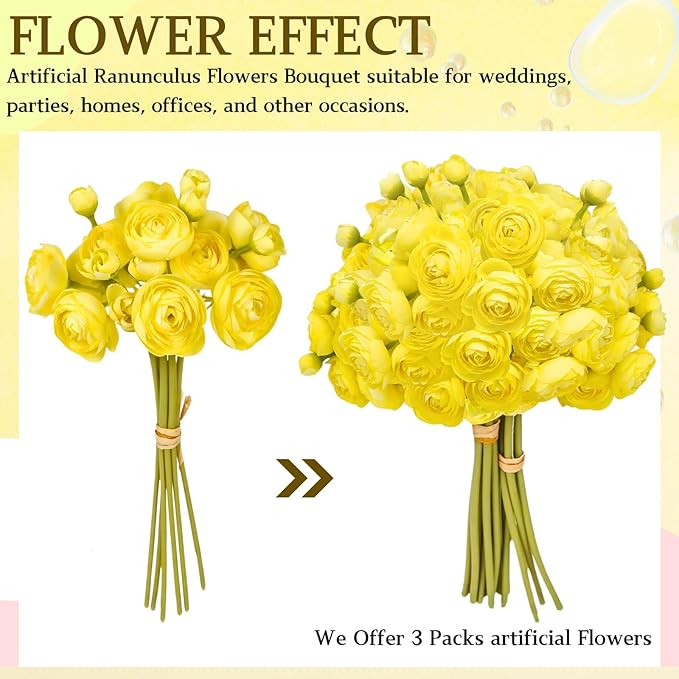 ASTRYAS 18Pcs Ranunculus Artificial Flowers, Yellow Faux Silk Mini Peony Flowers Fake Peonies Wedding Flowers DIY Bouquet for Centerpieces Arrangements Bridal Shower Decorations