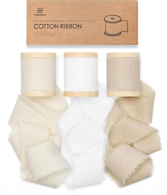 Vitalizart 100% Cotton Ribbon 1-1/2" x 15 Yd Nude Beige White Handmade Frayed Fringe Fabric Ribbons for Gift Wrapping Wedding Invites Bridal Shower Bouquets Christmas Decorations