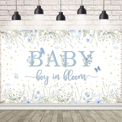 Baby Boy in Bloom Backdrop for Boys Wildflower Baby in Bloom Baby Shower Decorations Banner Blue Floral Photography Background Cake Table Decor Supplies Photo Booth Prop 70.8 x 43.3 inch