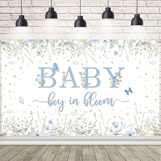 7x5ft Baby Boy in Bloom Backdrop for Boys Wildflower Baby in Bloom Baby Shower Decorations Banner Blue Floral Baby Shower Photography Background Cake Table Decor Supplies Photo Booth Prop