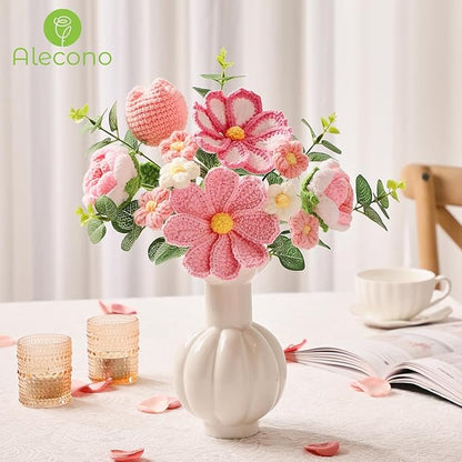 Alecono Crochet Flower Bouquet, Pink Knitted Flowers, Crochet Tulip Galsang Flower for Lover Anniversary Birthday Party Mother's Day Graduation Gifts (Include Card)