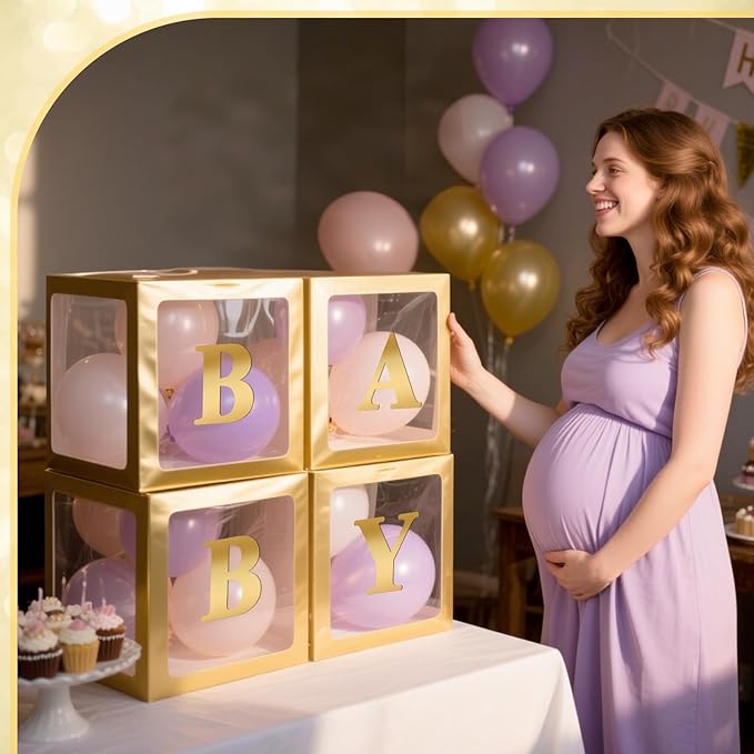 Ledido Baby Boxes with Letters for Baby Shower Decorations, 4 pcs Clear Baby Balloon Boxes Blocks for Baby Shower Decor with Letters for Boy Girl Gender Reveal Decorations Backdrop Party (Gold)