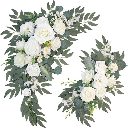 Wedding Arch Faux Flowers Set of 2, Welcome Sign Floral Decoration and Wedding Signs for Ceremony Reception Table Home Decoration (2ps White)