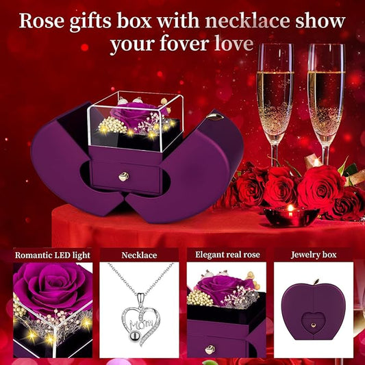 Gifts for Mom from Daughter and Son,Unique Mother Birthday Gift Idea, Preserved Purple Real Roses with I Love You in 100 Languages Mom Necklace, Cool Present to Mother Mama -Purple