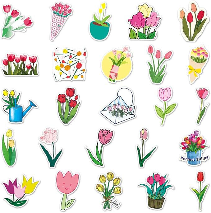 Tulips Vinyl Stickers for Teens Boy Girls Kids|50 Pcs|Trendy Cartoon Waterproof Stickers for Laptop Phone Tablet Luggage Flasks Water Bottle Notebook Scrapbook,Aesthetic Flowers Decals Pack(Tulips)