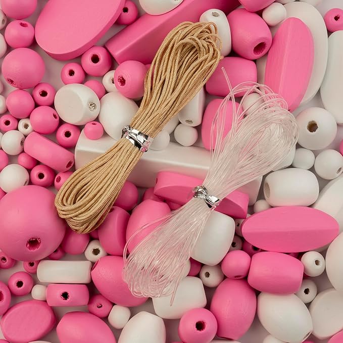 John Bead 90g Craft Beads Pink and White Wood Beads with Elastic Nylon Cord