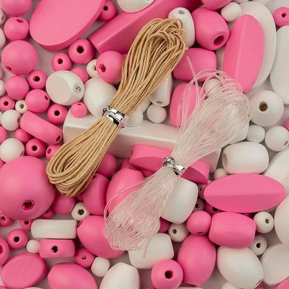John Bead 90g Craft Beads Pink and White Wood Beads with Elastic Nylon Cord