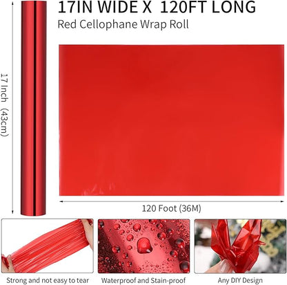 woric Cellophane Wrap 120’ Ft X 17 ”In Red Cellophane Wrap Roll Gift Basket Wrapping Paper for Flower Floral Basket Thanksgiving Christmas Candy Treats Birthday Gifts DIY Crafts