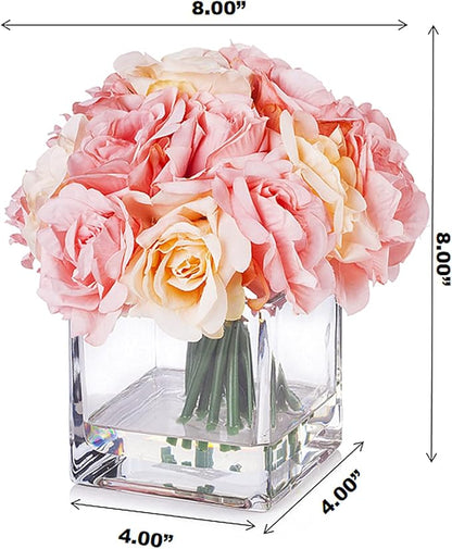 Enova Floral 18 Pieces Artificial Silk Roses Fake Flower Arrangement in Cube Glass Vase with Faux Water for Home Office Wedding Decoration (Pink)