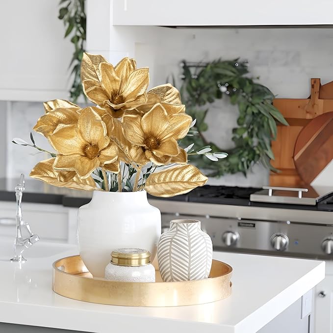 Briful Set of 3 Gold Magnolia Floral Stems 26in Magnolia Artificial Flowers Silk Magnolia Flower Branches for Christmas Home Office Table Vase Decor
