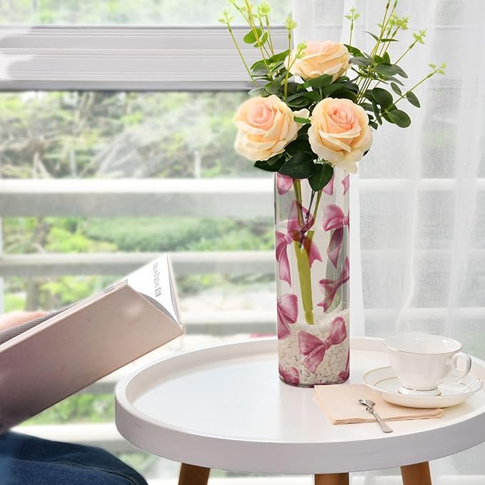 Flower Vase Clear Plastic Cylinder Vases Decor for Centerpieces Home Storage Office Weddings Deep Pink Ribbon Bows 11.8 x 3.9 in