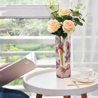 Flower Vase Clear Plastic Cylinder Vases Decor for Centerpieces Home Storage Office Weddings Deep Pink Ribbon Bows 11.8 x 3.9 in