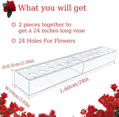 2Pcs Acrylic Flower Vase Rectangular Clear Acrylic Modern Vases- Total 24 Inches Long Rectangular Floral Centerpiece Low Decoration Vase for Dining Table Halloween Party Decor Wedding（24Holes）
