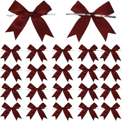 50 Counts Burgundy Red Twist Tie Bows 3.1" Pre-Tied Satin Ribbon Bow Decor Mini Twist Tie Bows for Gift Wrapping Treat Bags Cake Bridal Baby Shower Birthday Party Favors Wedding Decorations