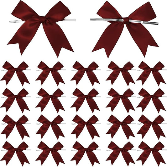 50 Counts Burgundy Red Twist Tie Bows 3.1" Pre-Tied Satin Ribbon Bow Decor Mini Twist Tie Bows for Gift Wrapping Treat Bags Cake Bridal Baby Shower Birthday Party Favors Wedding Decorations