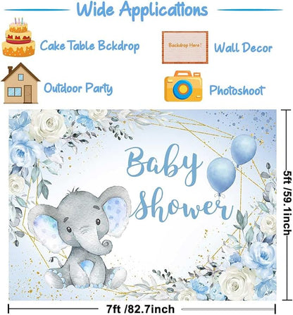 Elephant Baby Shower Backdrop Blue Flower It's A Boy Elephant Baby Shower Party Decorations Photography Background Little Peanut Cake Table Banner Photoshoot Supplies 7x5ft