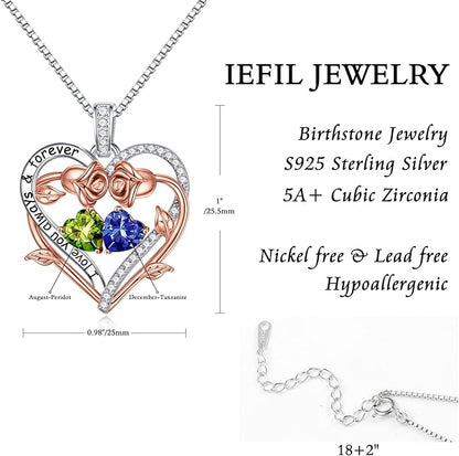 Iefil Rose Heart Double Birthstone Necklace Gifts for Wife Her Mom Women, Birthstone Jewelry Gemstone Birthday Gifts for Girlfriend Grandma Her Wife Women