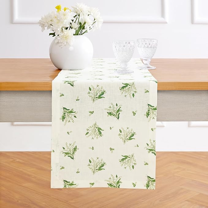 Solino Home Lily Floral Print Table Runner 90 Inches Long - 100% Pure Linen Table Runner 14 x 90 Inch - Lily of The Valley/Off White Print