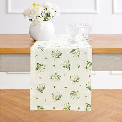 Solino Home Lily Floral Print Table Runner 90 Inches Long - 100% Pure Linen Table Runner 14 x 90 Inch - Lily of The Valley/Off White Print