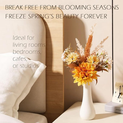 Fake Flower Bouquet, Faux Flower Arrangement for Decorating Kitchens, Bedrooms, Bathrooms, Realistic Artificial Flowers Made of Silk & Plastic, Floral Decoration with Dahlia & Small Blossoms