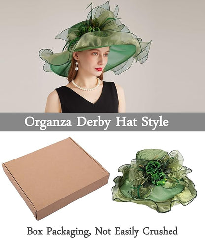 Organza Derby Hats for Women Wide Brim Fascinator Hat Rose Flower Wedding Tea Party Hat