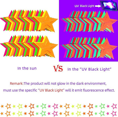 102feet Neon Paper Garland Streamers Hollowed Star Black Light Decorations Glow Party UV Reactive Favors in The Dark Supplies for Wedding Birthday Garlands