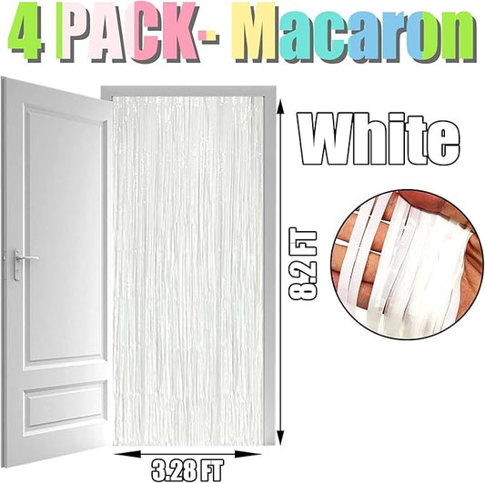 4 Pack Macaron White Foil Fringe Curtain Backdrop, 3.28Ft x 8.2Ft Foil Fringe Streamers Curtains for Party, Photo Booth milky milky