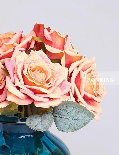 3.1"(8cm) Manta Rose Artificial Flower 7pcs Realistic Faux Silk Roses Fake Flowers Bouquets Arrangements Decor for Wedding Spring Mother's Day, Home Table Decorations, Orange Flower