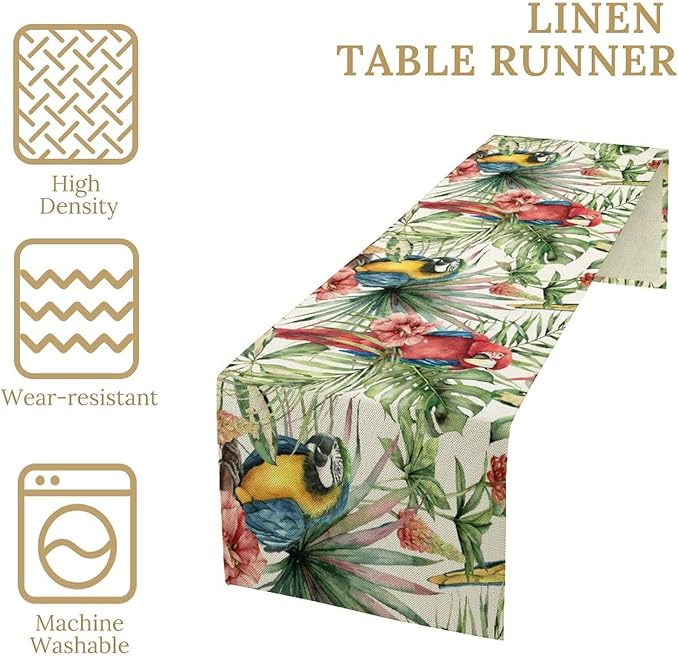 Parrot Table Runner,Tropical Palm Leaf Colorful Macaw Bird Watercolor Print Tablecloth Burlap for Hotel Indoors Outdoor Dining Room Kitchen Home Decor,W13X L60 in