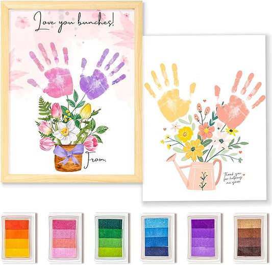 DIY FlowerHandprint Craft Kit for Grandma, Unique Gifts for Grandma, Birthday Gift for Mom Grandma Nana Mimi, Christmas and New Year Gifts(12" x 16", 2 Art Papers, Wood Frame)