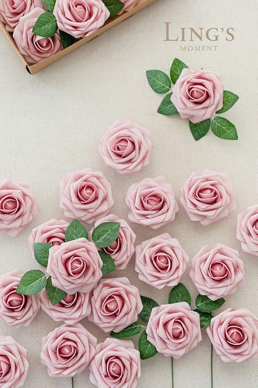 Ling's moment Artificial Flowers 25Pcs Shabby Blush Roses Decor w/Stems,3" Real Touch DIY Foam Floral for Wedding Bouquet/Centerpieces, Outdoors Party Backdrop, Room/Table, and Garden/Pot Decorations