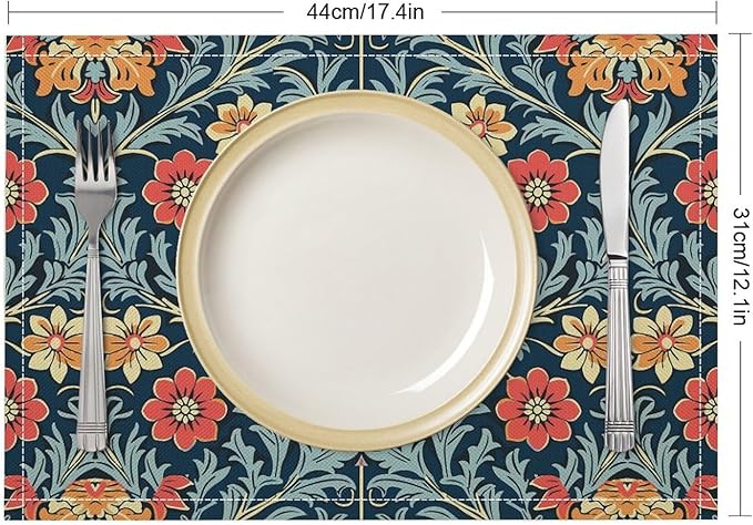 William Morris Vintage Floral Placemats Rural Farmhouse Floral Art Printed Dining Table Mats Set of 4 for Home Kitchen Holiday Picnic Party Decoration 12x18in