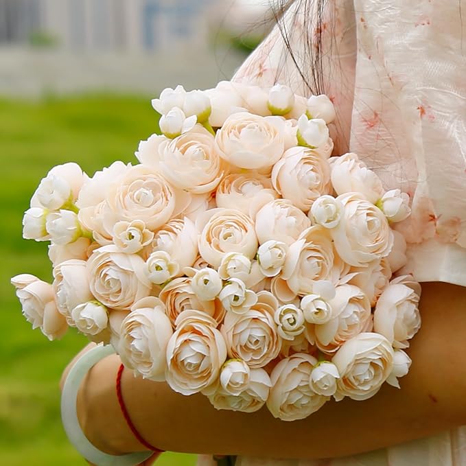 24 Pcs Ranunculus Artificial Flowers 10.5", Mini Faux Silk Ranunculus with Stem, Fake Flowers for Home Decor Indoor Wedding Bouquets Centerpieces (Champagne)