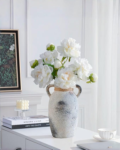 Ceramic Flower Vase with 2 Handles,9.8 inch Large Farmhouse Rustic Terracotta Vases for Decor，Gray