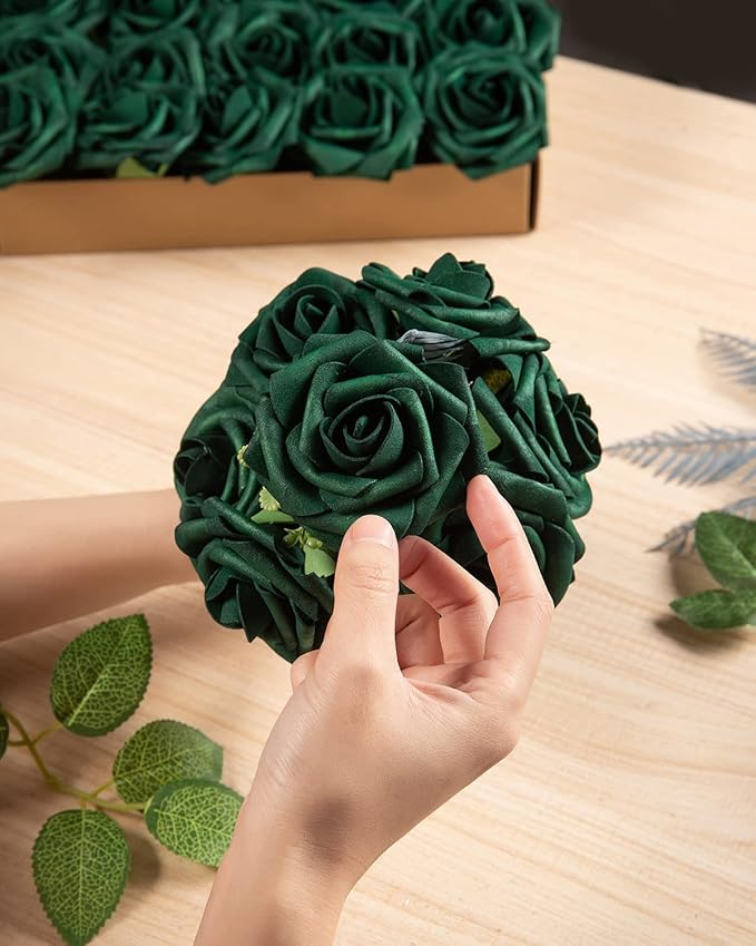 DuHouse 25Pcs Artificial Roses Flowers Fake Roses with Stems Real Touch Foam Flowers for DIY Wedding Bouquet Baby Shower Centerpiece Floral Arrangement Party Home Decor(Hunt Green)