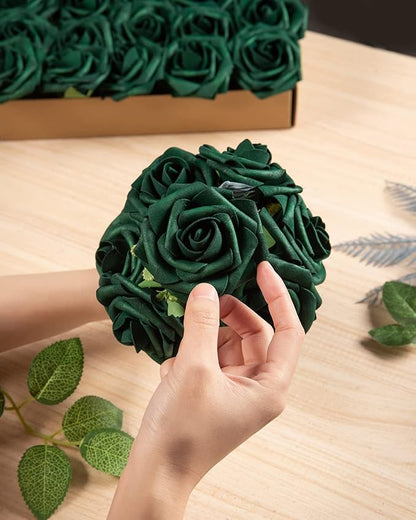 DuHouse 25Pcs Artificial Roses Flowers Fake Roses with Stems Real Touch Foam Flowers for DIY Wedding Bouquet Baby Shower Centerpiece Floral Arrangement Party Home Decor(Hunt Green)