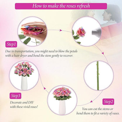 Hotop 20 Pcs Artificial Rose Flowers with Long Stem,Real Touch Silk Realistic Plastic Bouquet Roses Bulk for Home Decor Bridal Wedding Party Table Centerpieces Decorations(Rainbow)