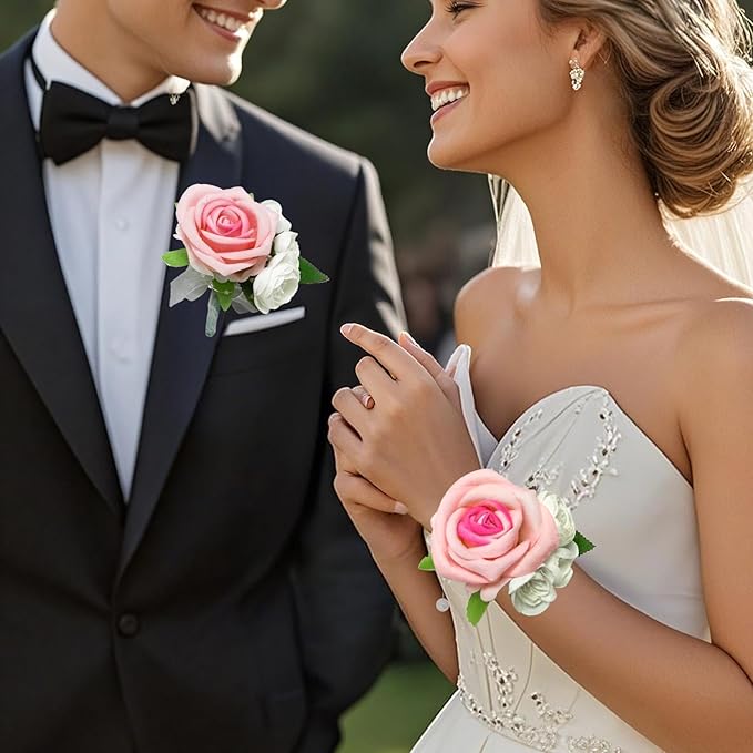 Wrist Corsage and Boutonniere Set, Artificial Rose Corsage Wristlet and Boutonniere for Wedding Prom Party (Pink, 4pcs)