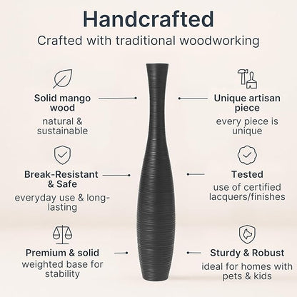 Leewadee Large Black Home Decor Floor Vase - Wooden 26 inch Tall Farmhouse Decor Flower Holder for Fake Plant and Pampas Grass