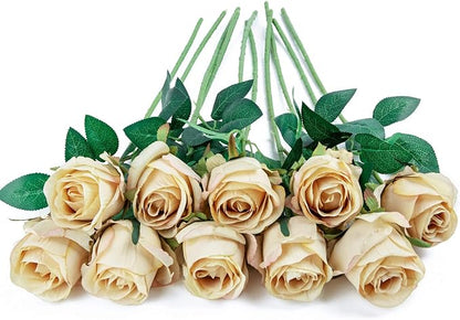 Flojery 10pcs Artificial Rose Flowers Long Stem Fake Silk Roses for DIY Wedding Bouquet Table Centerpiece Home Decor,Champagne