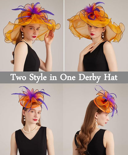 Organza Derby Hats for Women Wide Brim Fascinator Hat Rose Flower Wedding Tea Party Hat