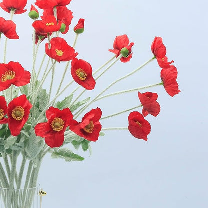 2 Pcs Artificial Fake Flowers Plants Poppies Silk Flower Arrangements Wedding Bouquets Decorations Plastic Floral Table Centerpieces for Home Kitchen Garden Party Decor Approx 23.6" High - Red