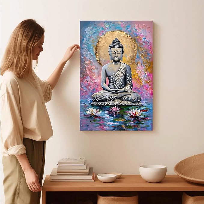 Lotus and golden Buddha meditation tranquil zen wall art mindfulness wall art for spiritual harmony and tranquility decor 28x40in Wood Framed