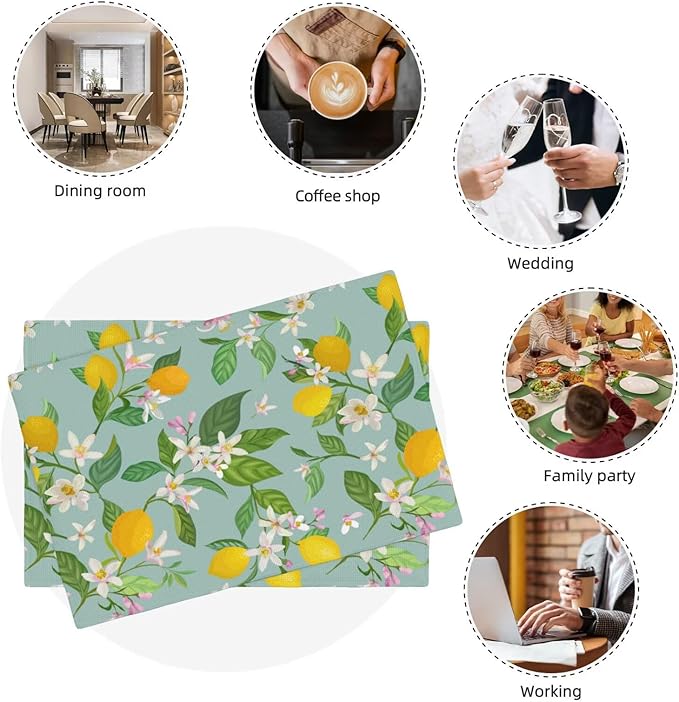 Lemon Linen Placemats Set of 4 Summer Tropical Fruits Floral Placemats for Indoor Outdoor Party Home Desktop Kitchen Dining Room Decor 12x18 Inch