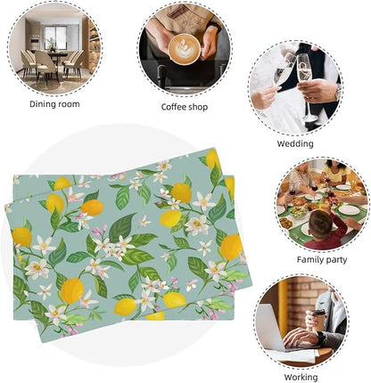 Lemon Linen Placemats Set of 6 Summer Tropical Fruits Floral Placemats for Indoor Outdoor Party Home Desktop Kitchen Dining Room Decor 12x18 Inch