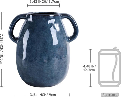 7 Inch Retro Navy Blue Ceramic Vase with Handles, Modern Glazed Blue Vase for Flowers, Farmhouse Vintage Flower Vase Decorative for Home Decor, Table, Counter, Living Room, Bedroom, Entryway