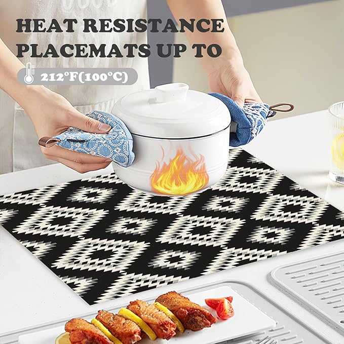 White Gray Black Placemats Set of 4 Turkish Mosaic Oriental Dining Place Mats Linen Table Mat for Farmhouse Home Kitchen Decor 12 X 18 Inch