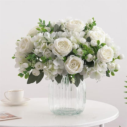 4 Bunches White Peonies Artificial Flowers for Decoration Faux Roses Fake Bouquet Arrangements Plastic Table Centerpiece Silk Flores for Vase Party Wedding Home Décor (White)