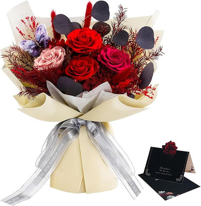 Preserved Flowers Bouquet Roses with Vases,Real Birthday Flowers for Delivery Prime,Forever Glitter Rose Bouquets Kit,Handmade Eternal Rosas Butterfly Gifts for Mom Birthday Women Girl (Red)