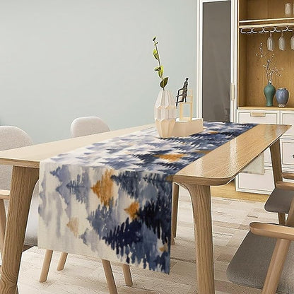 Watercolor Blue Pine Trees Table Runner, Forest Woodland Tabletop Scarf Home Kitchen Holiday Decor, Seasonal Farmhouse Rustic Dining Decorations Party Supply 13 X 90 Inch